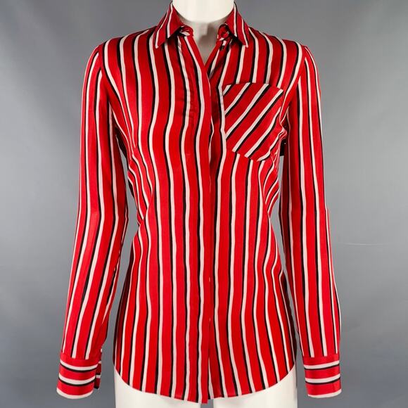 ALTUZARRA Size 0 Red Black White Silk Stripe Hidden Buttons Casual Top - Picture 1 of 6